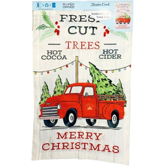 Red Truck Christmas Fresh Cut Trees Applique Embroidered Garden Flag 11.5"X18" - Picture 1 of 10